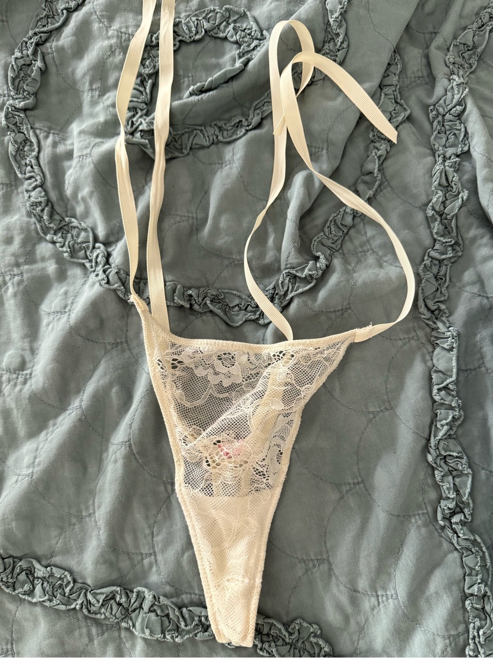 Sheer Floral Lace Heart Rhinestone Lock Charm Grosgrain Ribbon Thong Panty